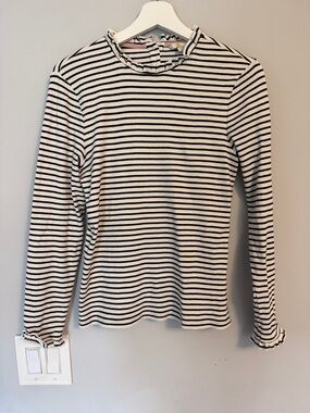 Boden Black & White Striped Ruffle-Trim Top